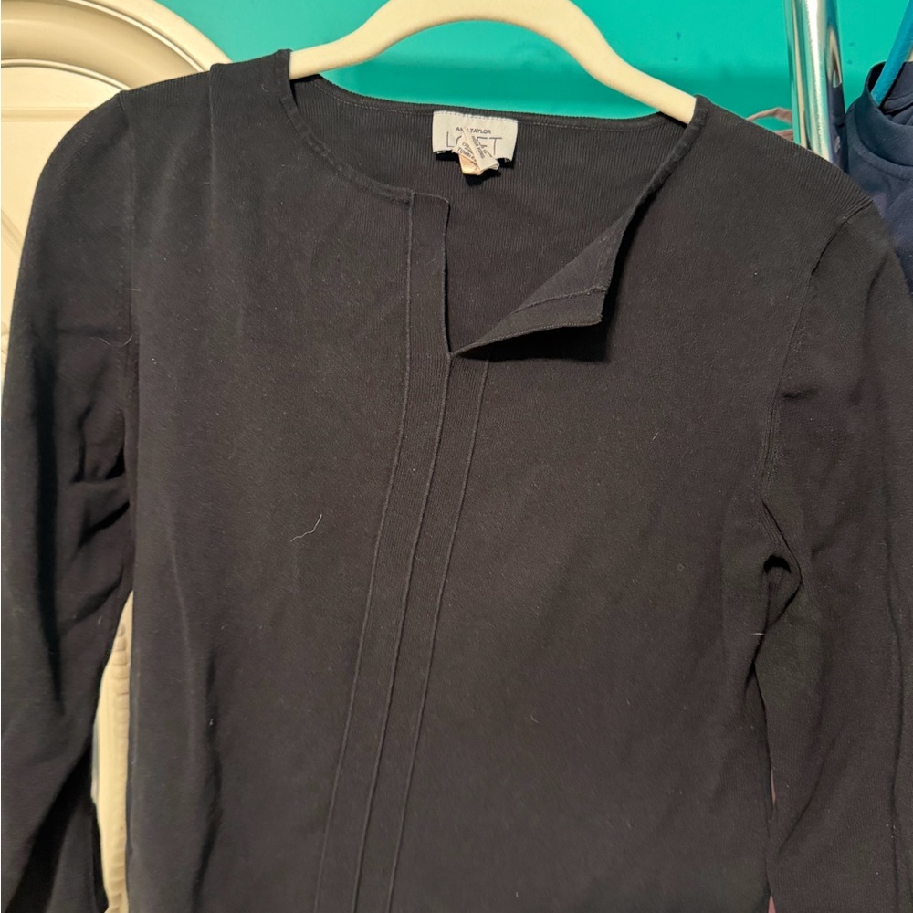 LOFT Black Long Sleeve Knit Top with Subtle Placket